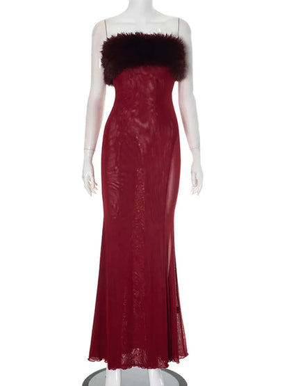 Elegant Dresses - Winter Mesh Mermaid Dress Fur-Trimmed Evening Elegant Dress