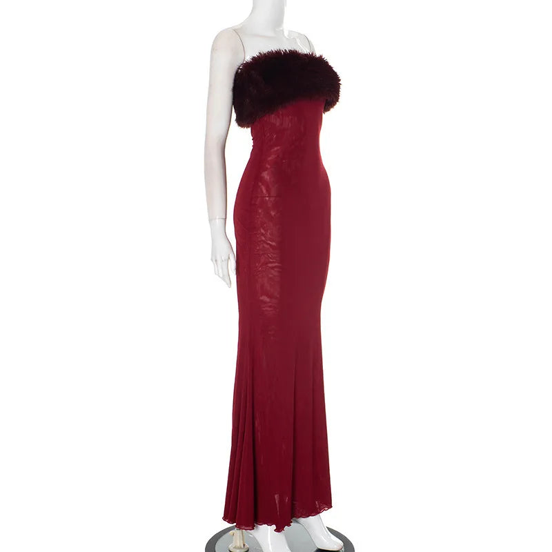 Elegant Dresses - Winter Mesh Mermaid Dress Fur-Trimmed Evening Elegant Dress