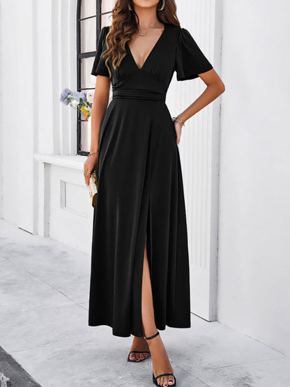 Elegant Dresses- Women Elegant A-Line Slit Maxi Dress for Wedding Guests- Black- Pekosa Women Fashion