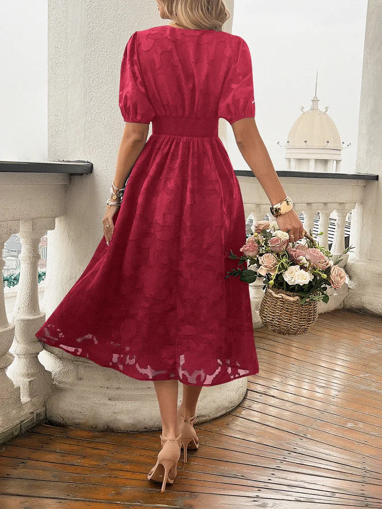 Elegant Dresses- Women Floral Jacquard Midi Dress for Wedding Guest Attire- - Pekosa Women Fashion