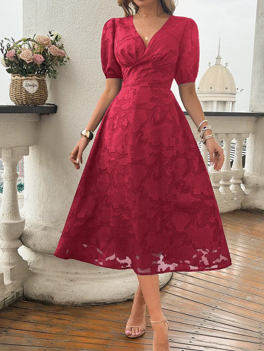 Elegant Dresses- Women Floral Jacquard Midi Dress for Wedding Guest Attire- - Pekosa Women Fashion