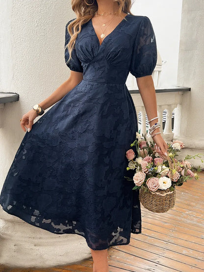 Elegant Dresses- Women Floral Jacquard Midi Dress for Wedding Guest Attire- - Pekosa Women Fashion