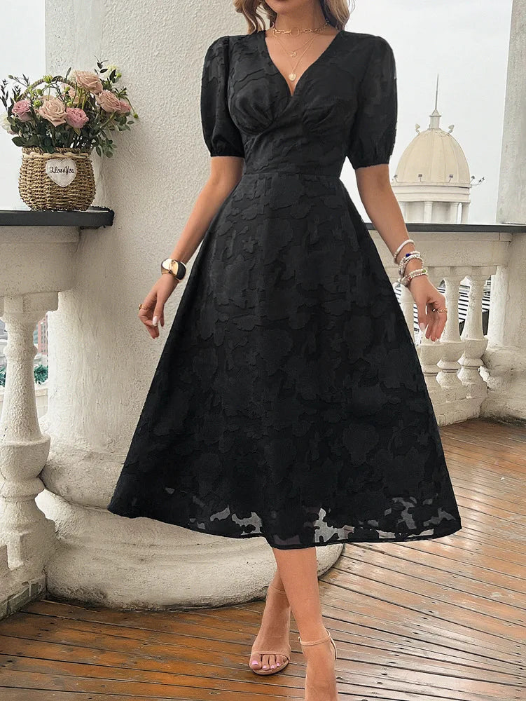 Elegant Dresses- Women Floral Jacquard Midi Dress for Wedding Guest Attire- Black- Pekosa Women Fashion