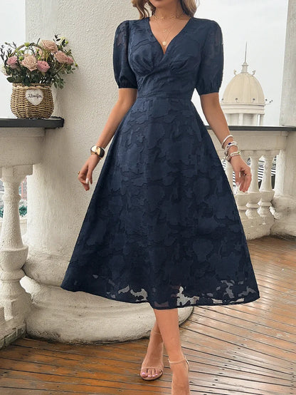 Elegant Dresses- Women Floral Jacquard Midi Dress for Wedding Guest Attire- Navy Blue- Pekosa Women Fashion