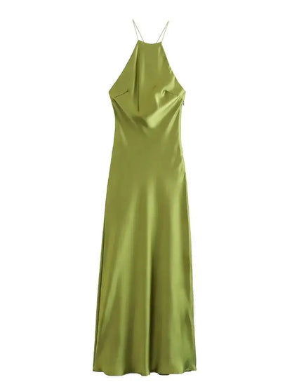 Elegant Dresses- Women's Elegant Backless Halter Slip Midi Dress in Satin- B- Pekosa Women Fashion