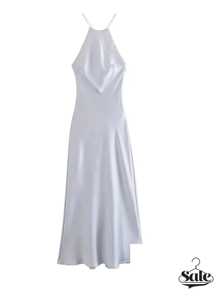 Elegant Dresses- Women's Elegant Backless Halter Slip Midi Dress in Satin- - Pekosa Women Fashion