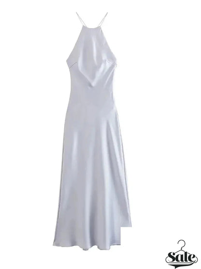 Elegant Dresses- Women's Elegant Backless Halter Slip Midi Dress in Satin- - Pekosa Women Fashion