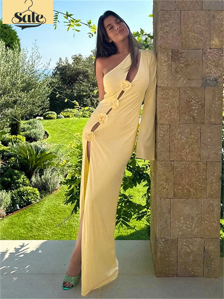 Elegant Dresses - Yellow Asymmetric Cocktail Gown with Rose Appliques