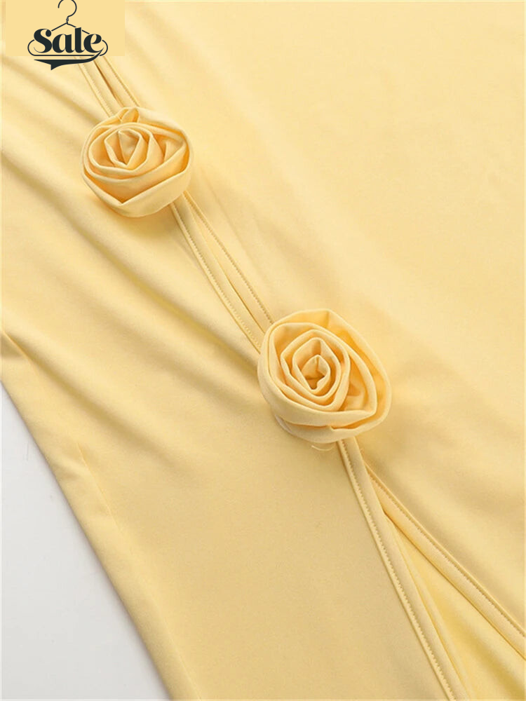 Elegant Dresses - Yellow Asymmetric Cocktail Gown with Rose Appliques