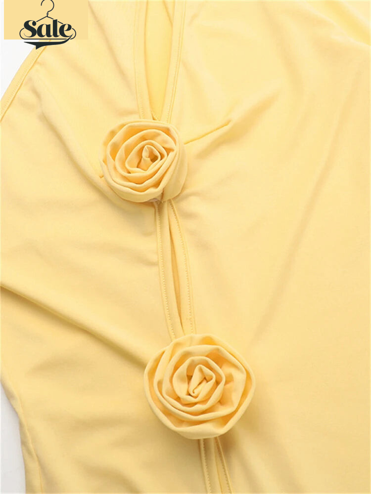 Elegant Dresses - Yellow Asymmetric Cocktail Gown with Rose Appliques