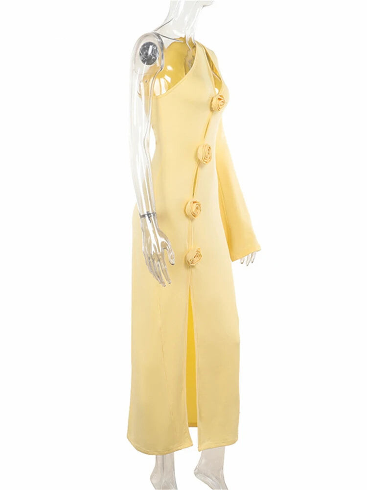 Elegant Dresses - Yellow Asymmetric Cocktail Gown with Rose Appliques