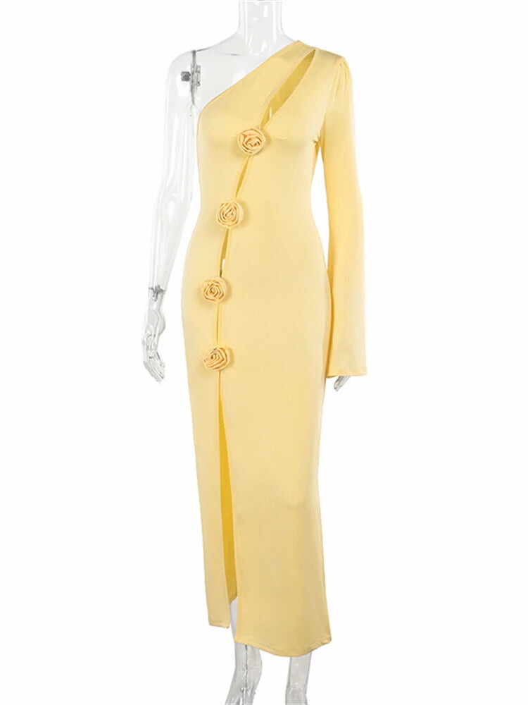 Elegant Dresses - Yellow Asymmetric Cocktail Gown with Rose Appliques