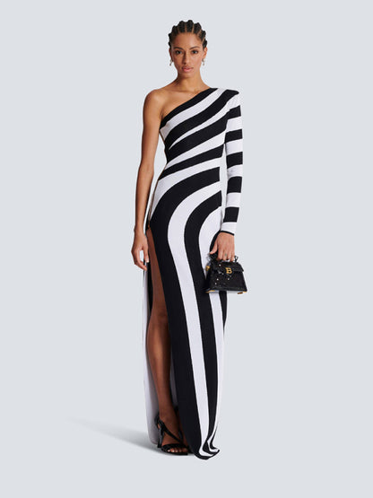 Elegant Knit Dresses - Trendy One-Shoulder Knit Dress Striped Evening Gown