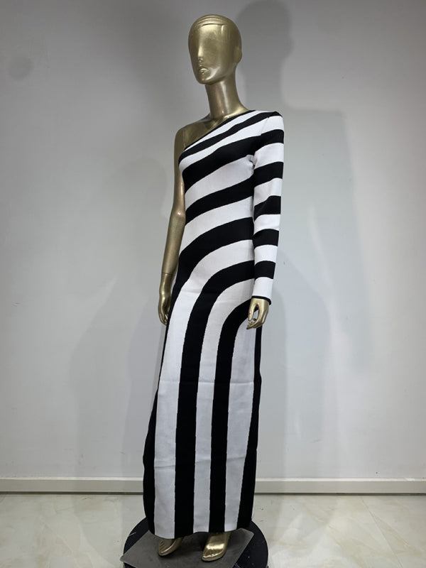 Elegant Knit Dresses - Trendy One-Shoulder Knit Dress Striped Evening Gown