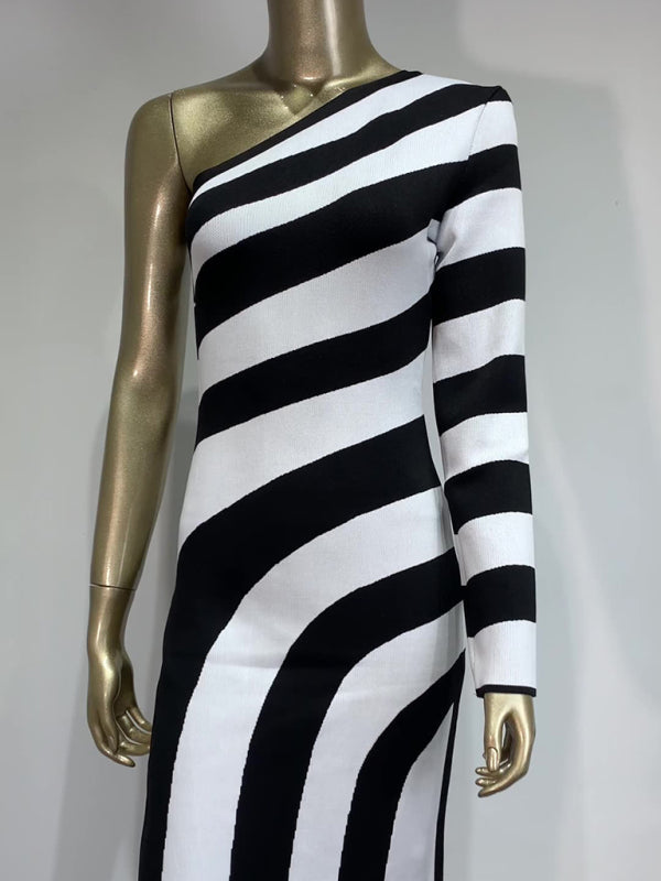 Elegant Knit Dresses - Trendy One-Shoulder Knit Dress Striped Evening Gown