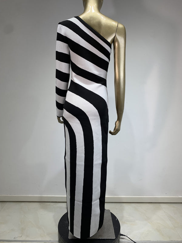 Elegant Knit Dresses - Trendy One-Shoulder Knit Dress Striped Evening Gown