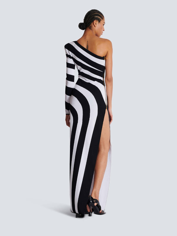 Elegant Knit Dresses - Trendy One-Shoulder Knit Dress Striped Evening Gown