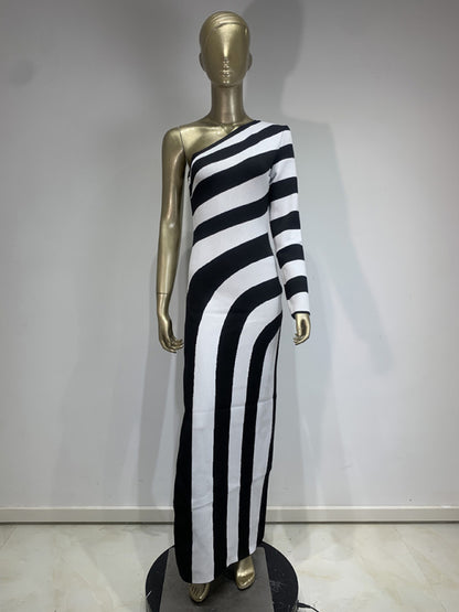 Elegant Knit Dresses - Trendy One-Shoulder Knit Dress Striped Evening Gown