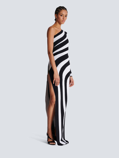 Elegant Knit Dresses - Trendy One-Shoulder Knit Dress Striped Evening Gown