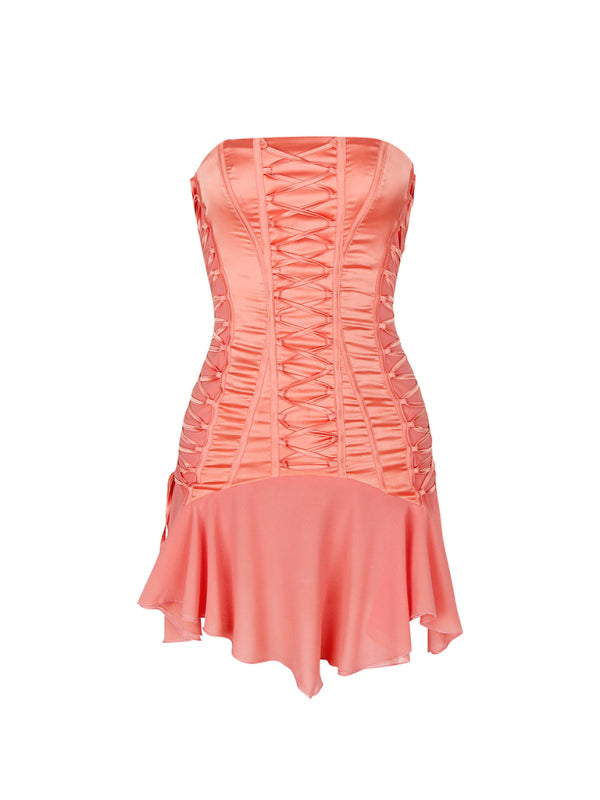 Elegant Mini Dresses - Chiffon Accented Strapless Corset Dress