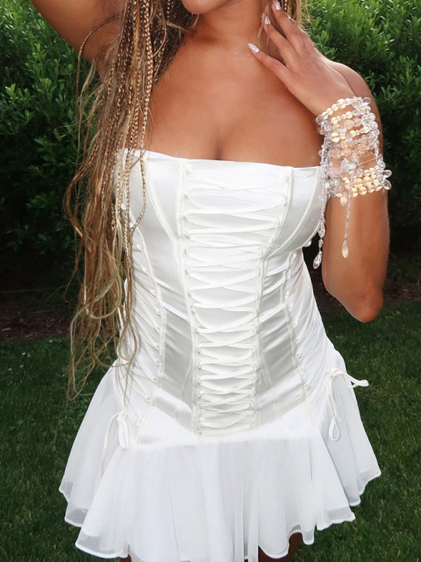 Elegant Mini Dresses - Chiffon Accented Strapless Corset Dress