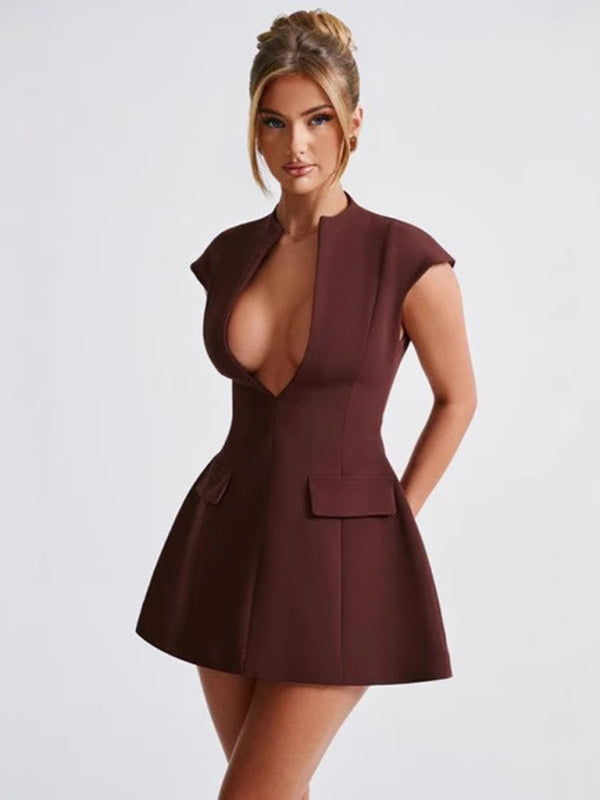 Elegant Mini Dresses - Modern Flapper A-Line Dress with Deep V Neckline