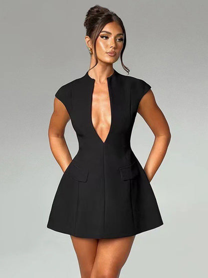 Elegant Mini Dresses - Modern Flapper A-Line Dress with Deep V Neckline