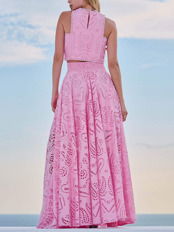 Elegant Sets - Elegant Eyelet Maxi Set Skirt & & Crop Top