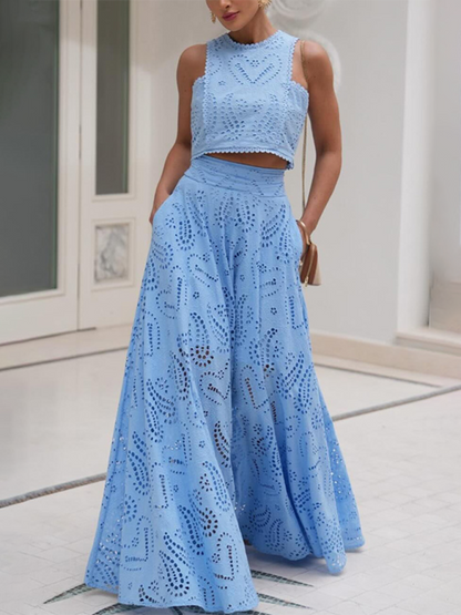 Elegant Sets - Elegant Eyelet Maxi Set Skirt & & Crop Top