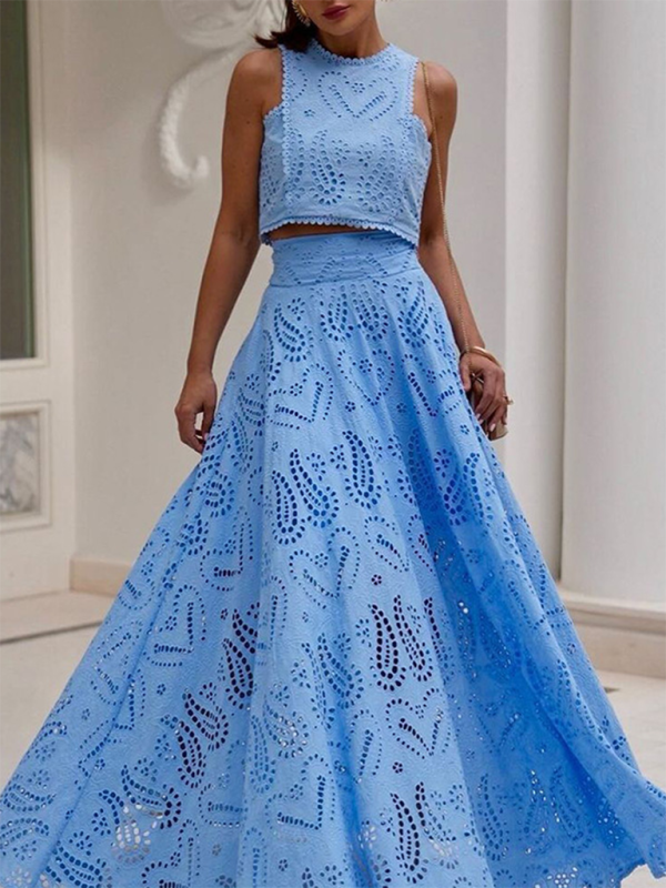 Elegant Sets - Elegant Eyelet Maxi Set Skirt & & Crop Top