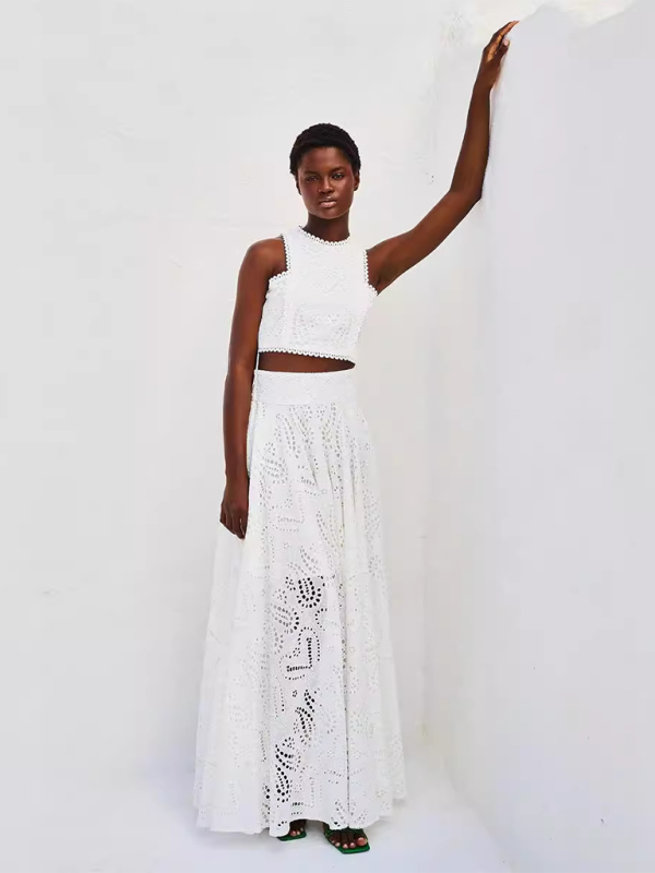 Elegant Sets - Elegant Eyelet Maxi Set Skirt & & Crop Top