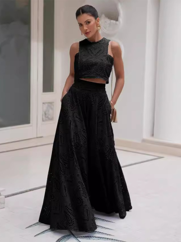 Elegant Sets - Elegant Eyelet Maxi Set Skirt & & Crop Top