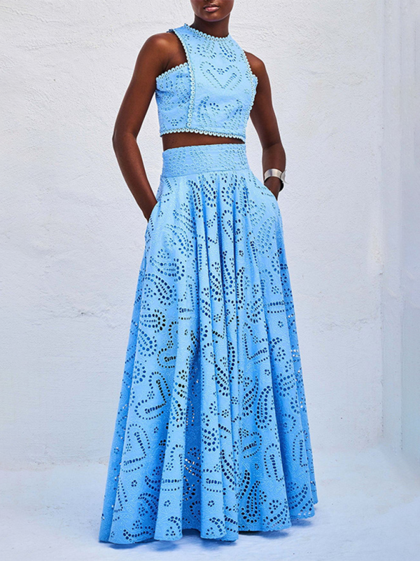 Elegant Sets - Elegant Eyelet Maxi Set Skirt & & Crop Top