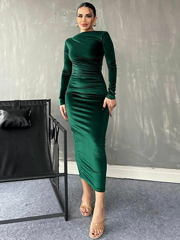 Elegant Velvet Dresses - Elegant Emerald Velvet Winter Dress