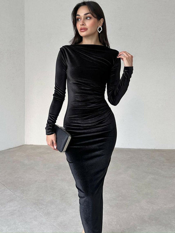 Elegant Velvet Dresses - Elegant Emerald Velvet Winter Dress