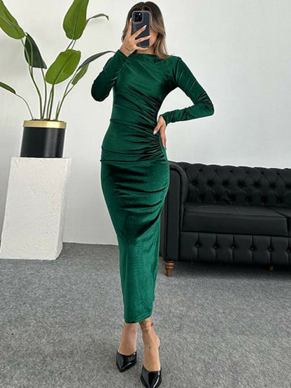 Elegant Velvet Dresses - Elegant Emerald Velvet Winter Dress