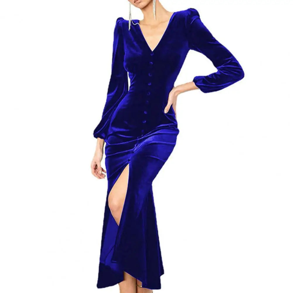 Evening Dresses - Luxurious Velvet Long Sleeve Maxi Dress for Year's End Festivities