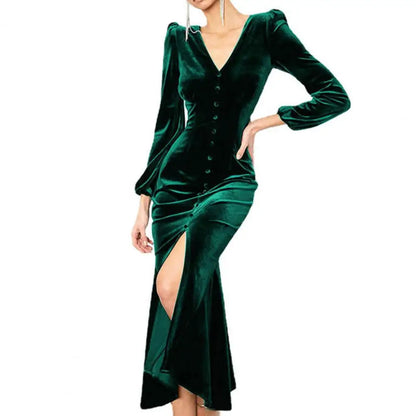 Evening Dresses - Luxurious Velvet Long Sleeve Maxi Dress for Year's End Festivities