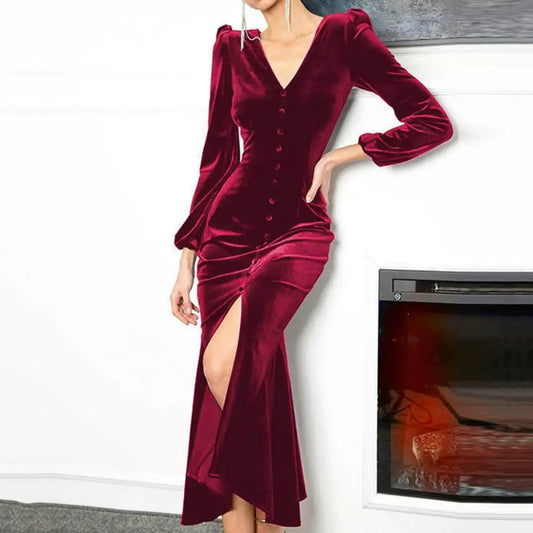 Evening Dresses - Luxurious Velvet Long Sleeve Maxi Dress for Year's End Festivities