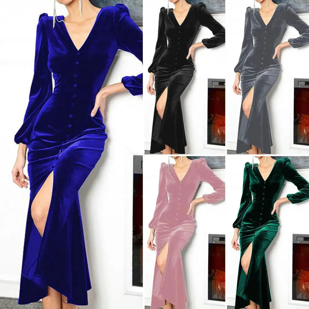 Evening Dresses - Luxurious Velvet Long Sleeve Maxi Dress for Year's End Festivities