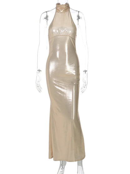 Evening Dresses - Metallic Sheen Halter Gown Elegant Evening Dress