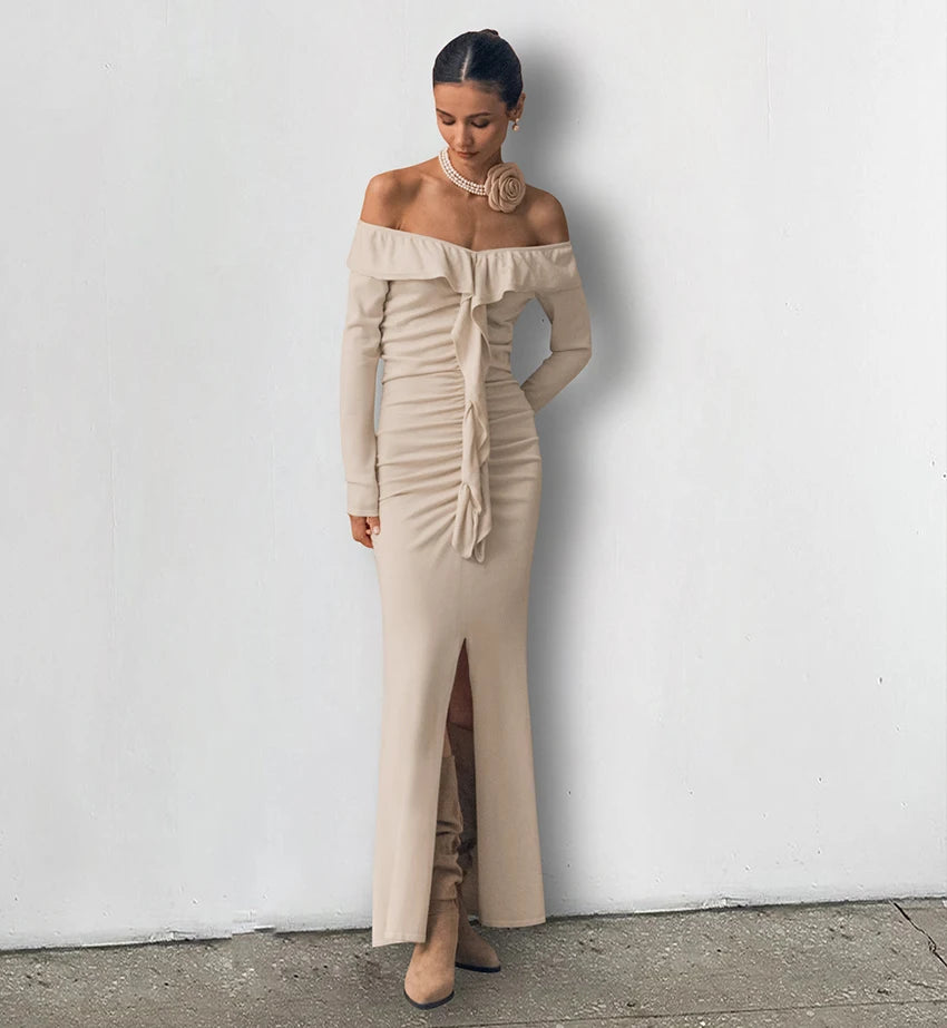 Evening Dresses - Off-Shoulder Ruffle Maxi Dress for Fall Events