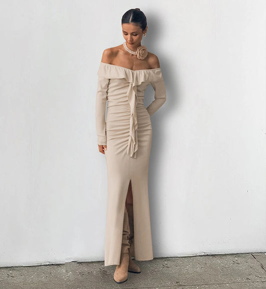 Evening Dresses - Off-Shoulder Ruffle Maxi Dress for Fall Events