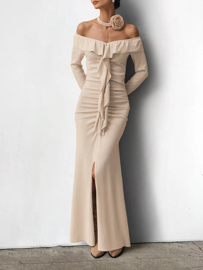 Evening Dresses - Off-Shoulder Ruffle Maxi Dress for Fall Events