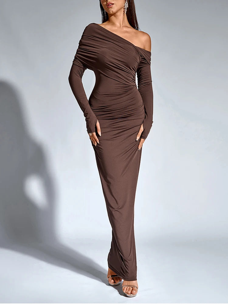 Evening Dresses - One-Shoulder Wrap Maxi Dress – Perfect for Parties