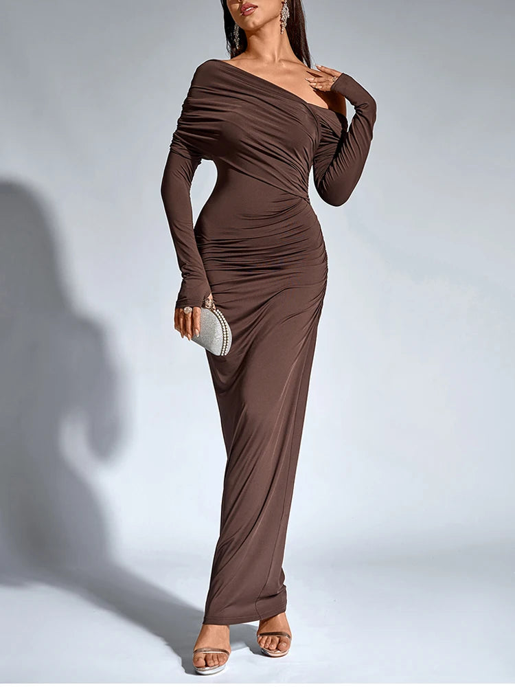 Evening Dresses - One-Shoulder Wrap Maxi Dress – Perfect for Parties