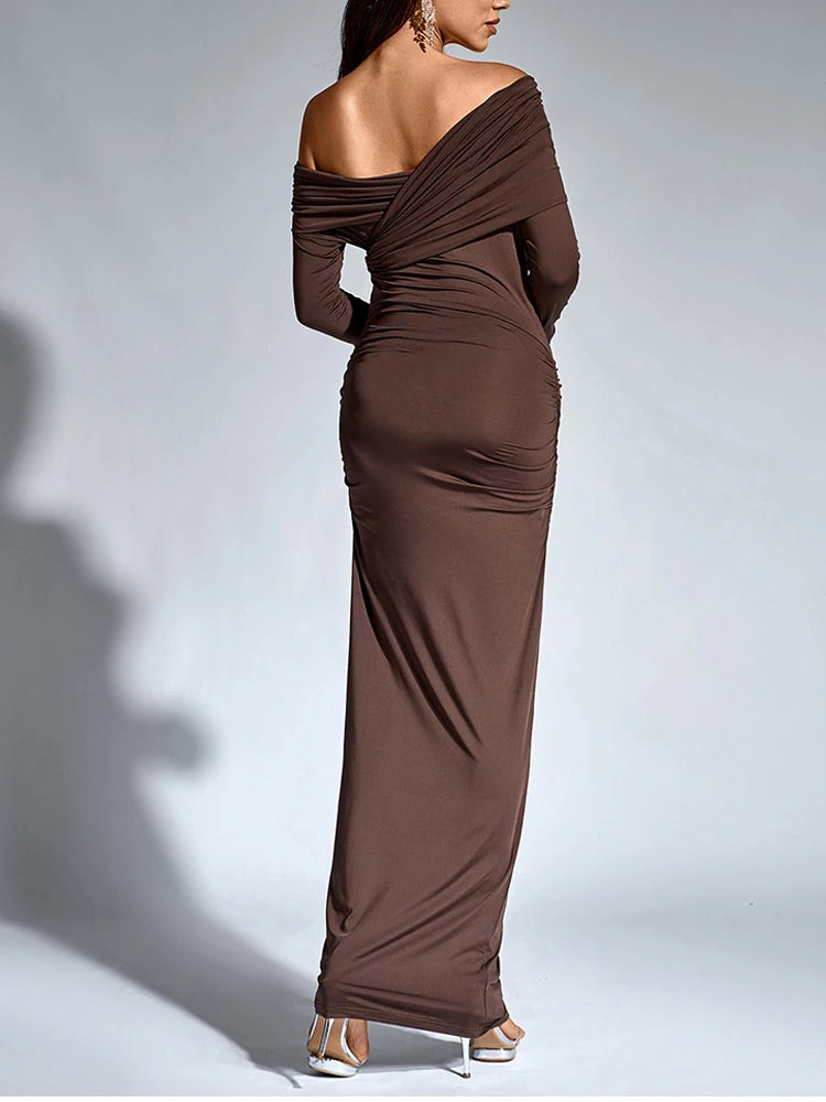 Evening Dresses - One-Shoulder Wrap Maxi Dress – Perfect for Parties