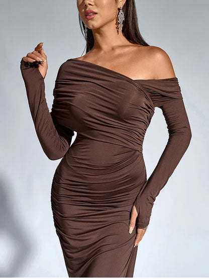 Evening Dresses - One-Shoulder Wrap Maxi Dress – Perfect for Parties