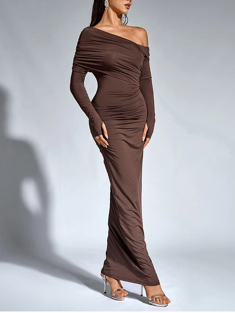 Evening Dresses - One-Shoulder Wrap Maxi Dress – Perfect for Parties