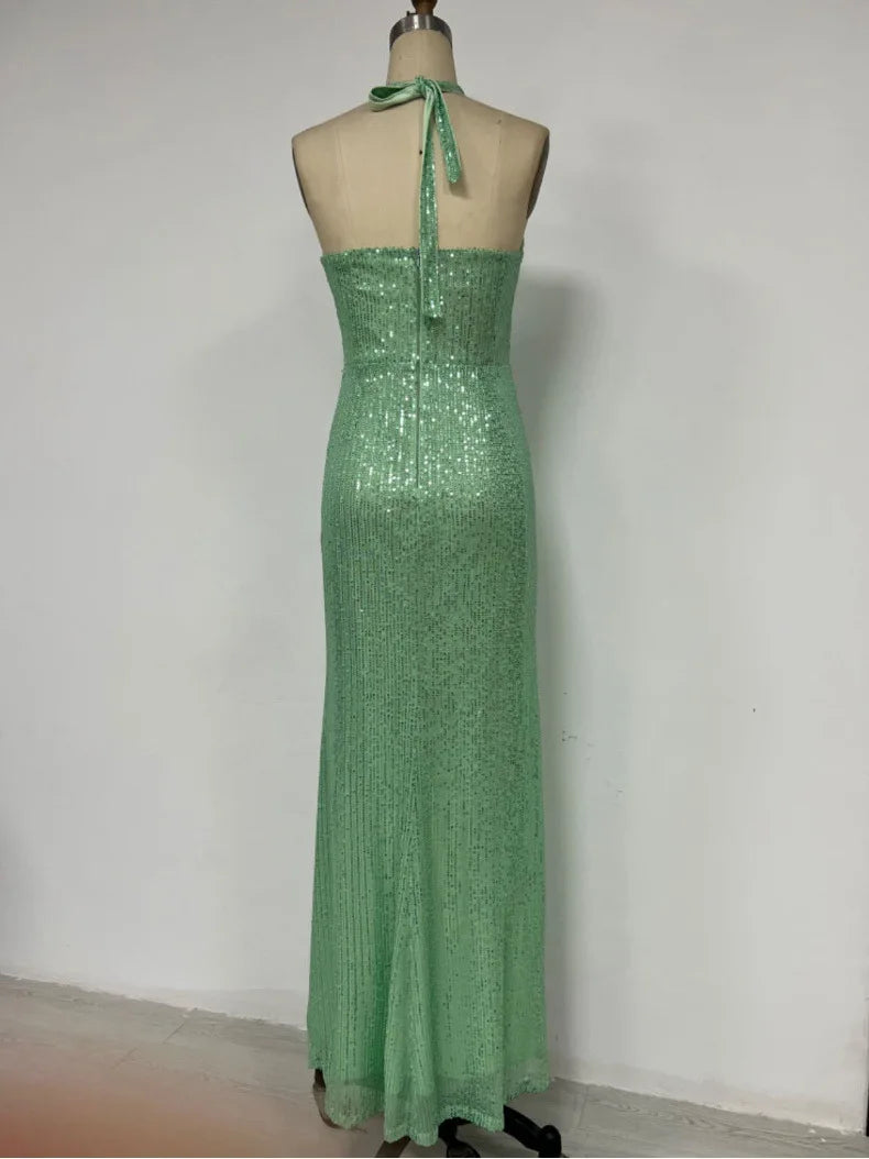 Evening Dresses - Sequin Halter Neck Backless Evening Maxi Dress Performance Event Dress